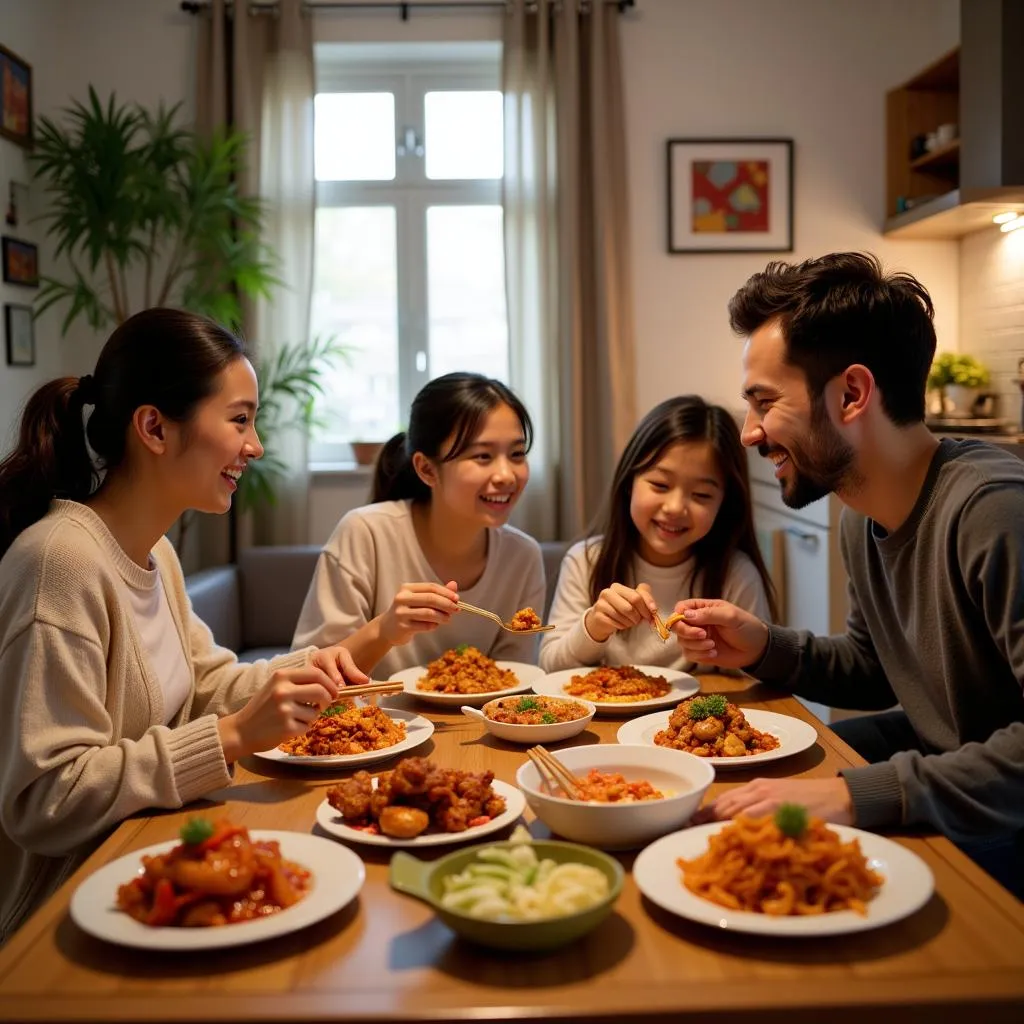 A family enjoying a Chinese takeout meal at home