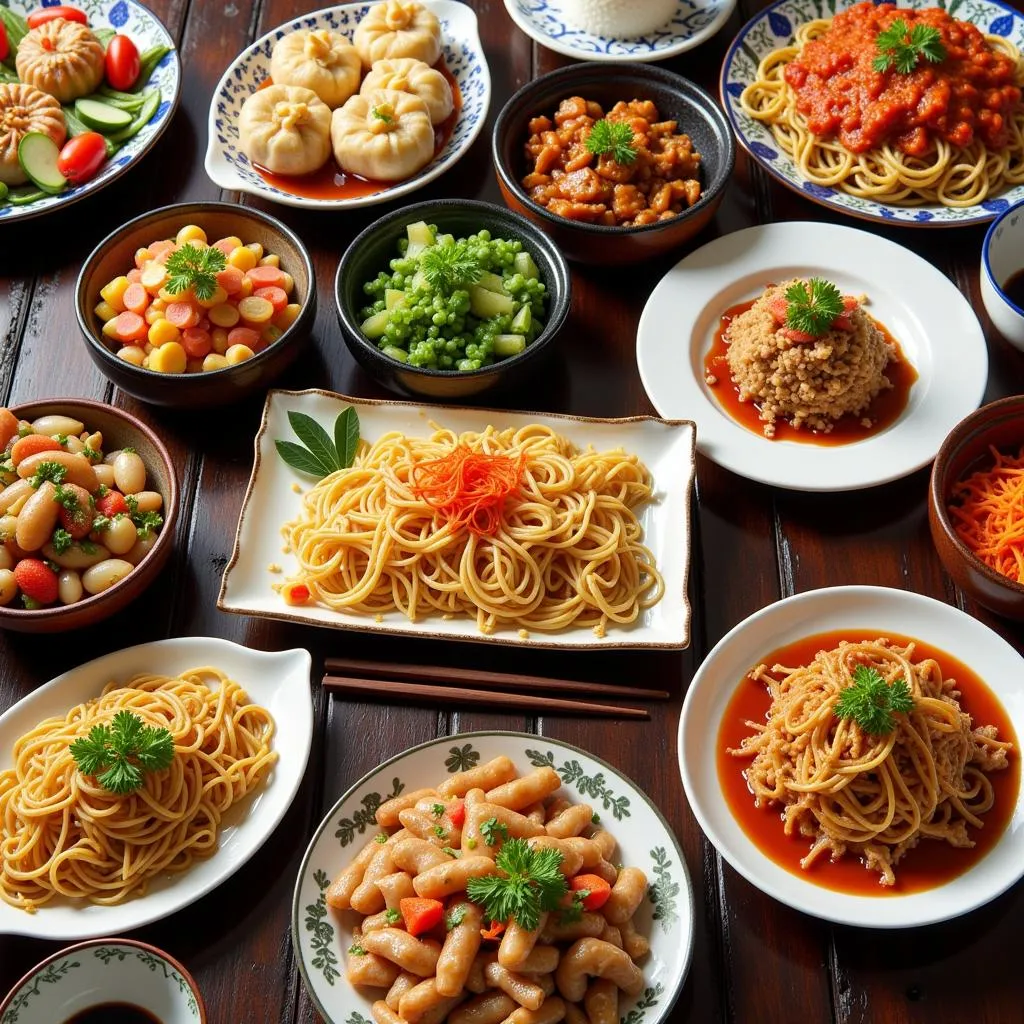 A vast spread of Chinese dishes laid out on a table