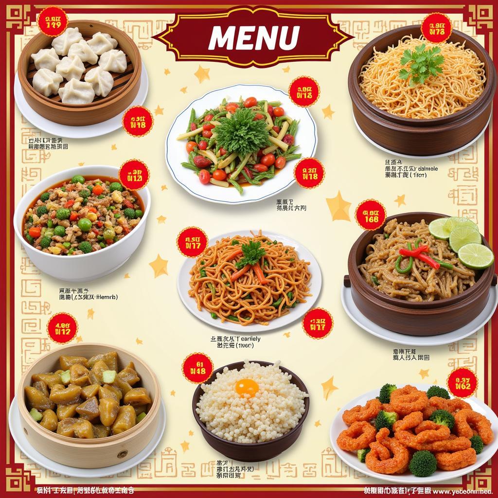 A menu showcasing popular Chinese dishes like dumplings, noodles, and stir-fries