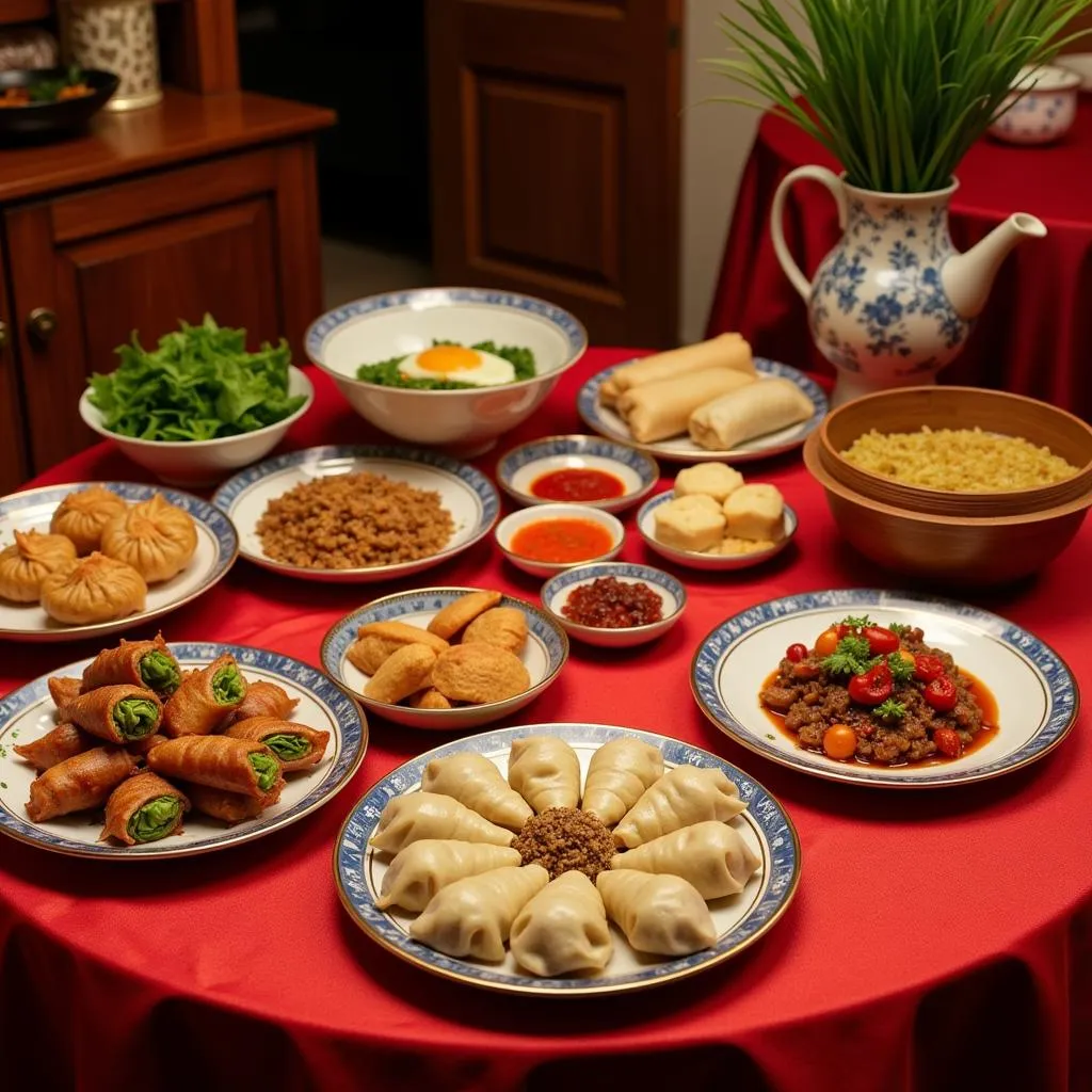 A table setting with a variety of Chinese dishes in Pasadena