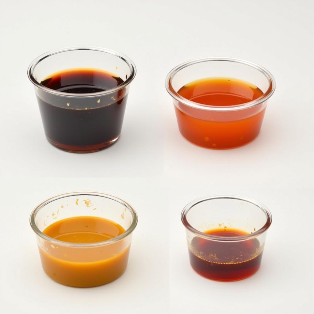 Assortment of small plastic containers for soy sauce, duck sauce, and hot mustard