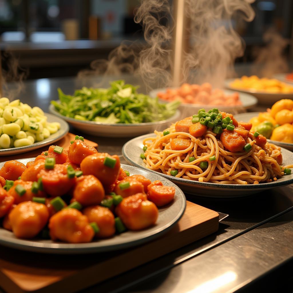 A steam table showcasing classic Chinese dishes