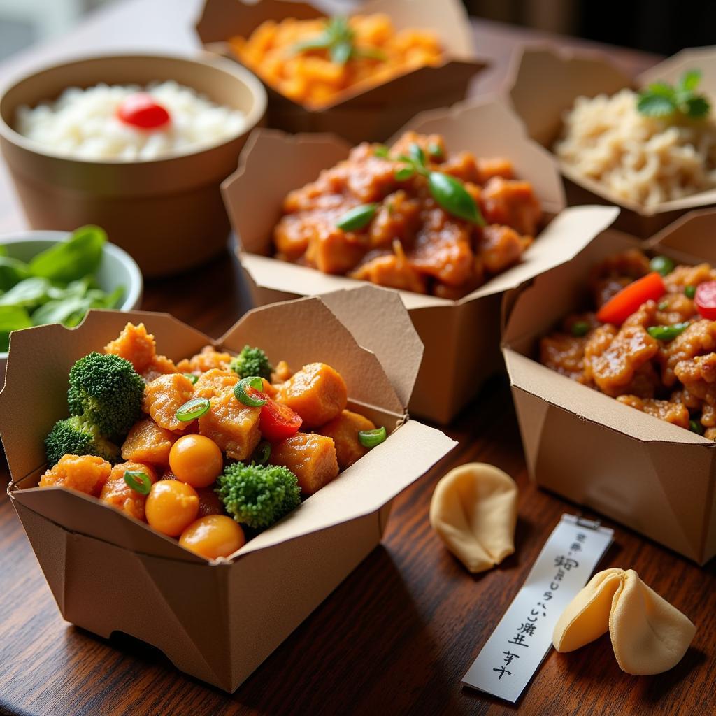  A table setting featuring various Chinese takeout containers, chopsticks, and fortune cookies, ready to be enjoyed.