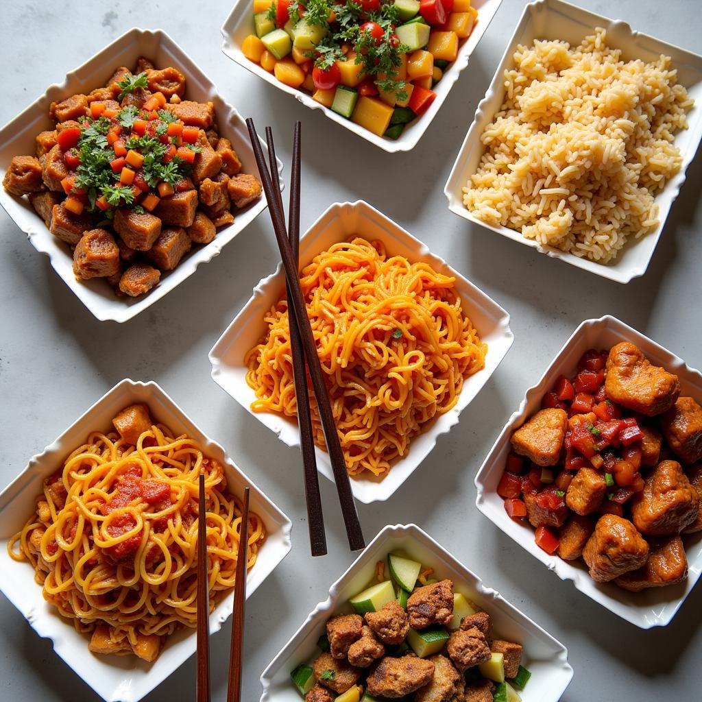 An assortment of Chinese takeout containers overflowing with various dishes, chopsticks placed on top, ready to be enjoyed.