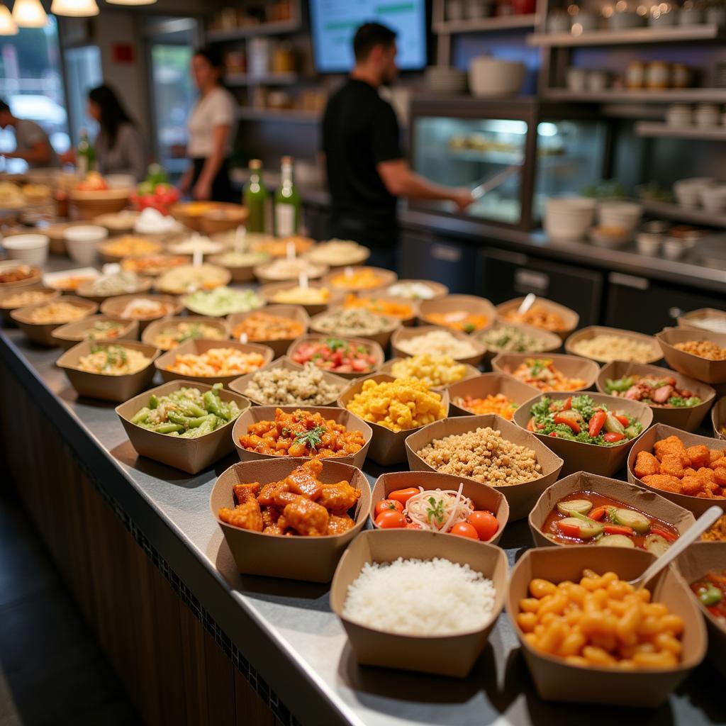 A display of various Chinese takeout containers ready for pickup