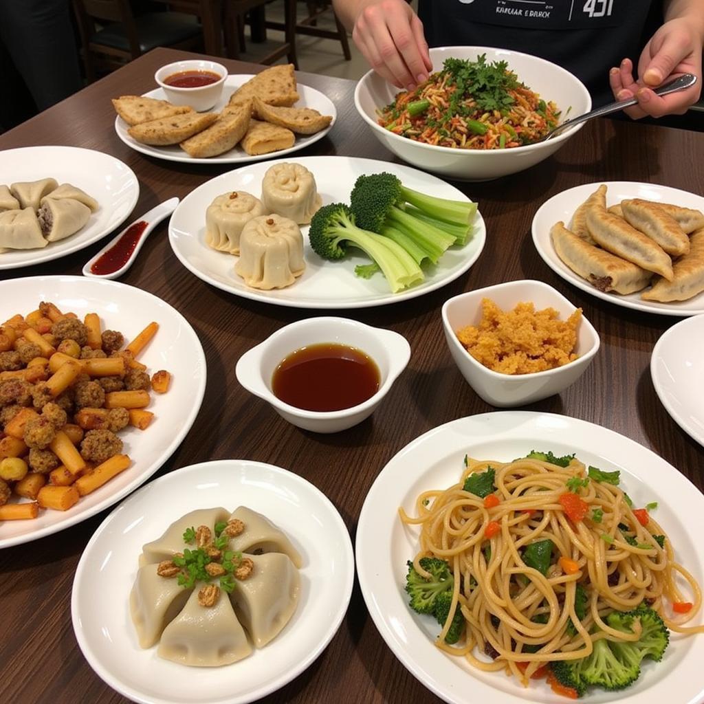 A table showcasing the diversity of Chinese dishes available in Ridgefield Park, NJ, featuring plates of dumplings, noodles, stir-fries, and more.