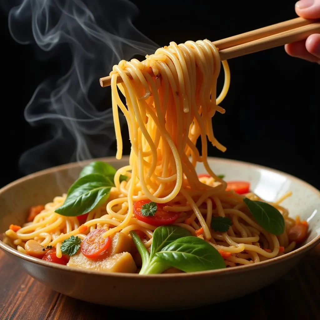 Close-up shot of chopsticks lifting a generous portion of noodles from a steaming bowl of Lo Mein