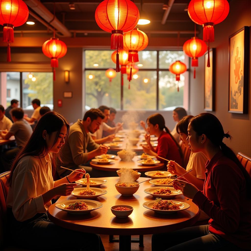 A bustling Chinese restaurant in Lake Hiawatha, NJ, filled with diners enjoying various dishes.