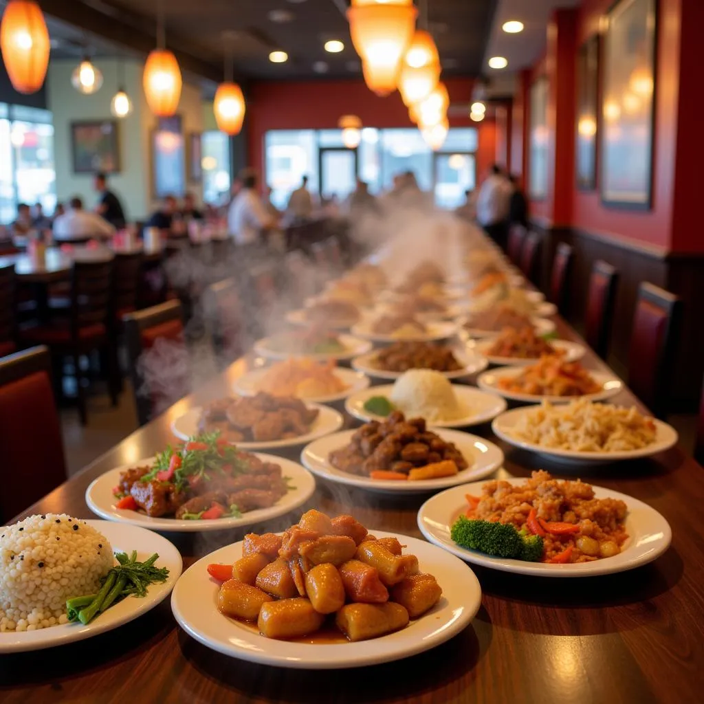 Bustling Chinese restaurant in Portsmouth, RI with steaming plates of food.