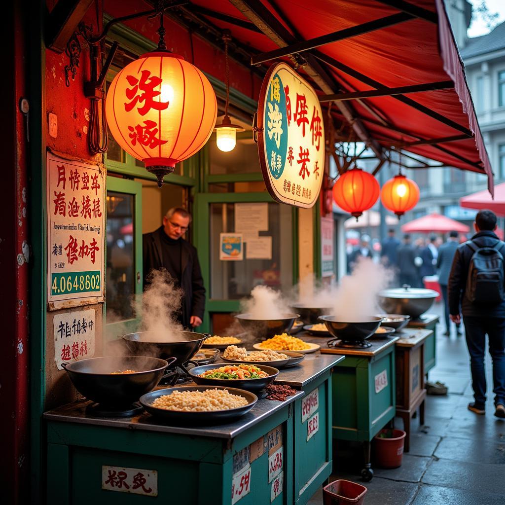 A bustling Chinese street food stall with a variety of dishes.