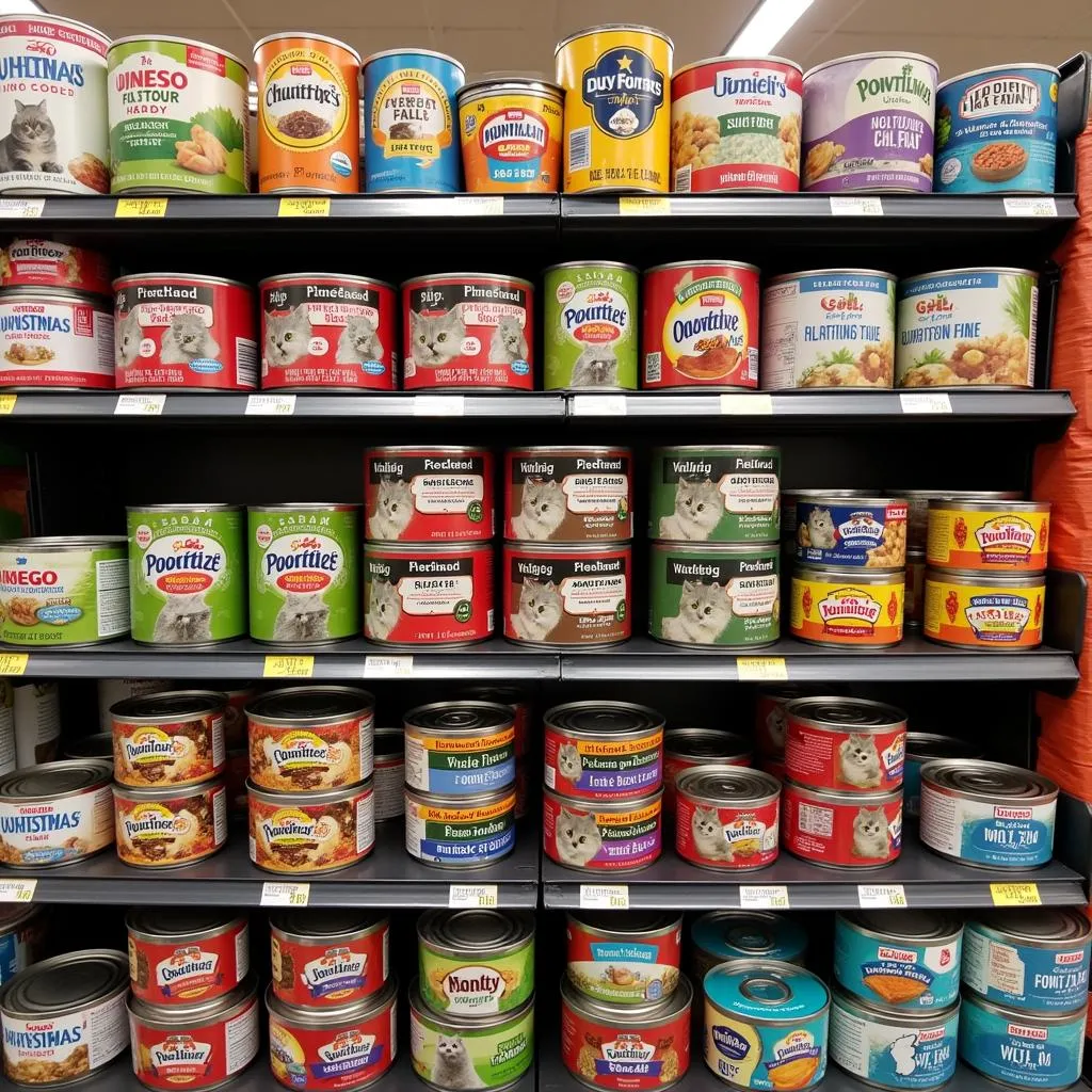 Cat food cans on a supermarket shelf