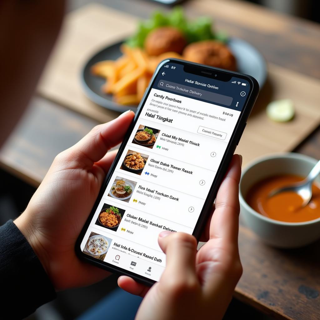 A person using a smartphone to browse and compare different halal tingkat delivery options in Singapore 