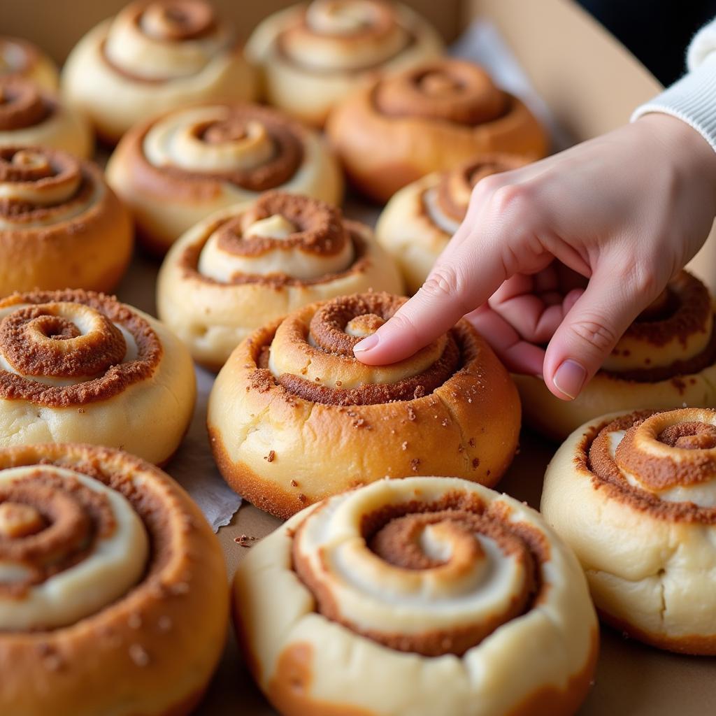 Person browsing a selection of cinnamon roll plushes