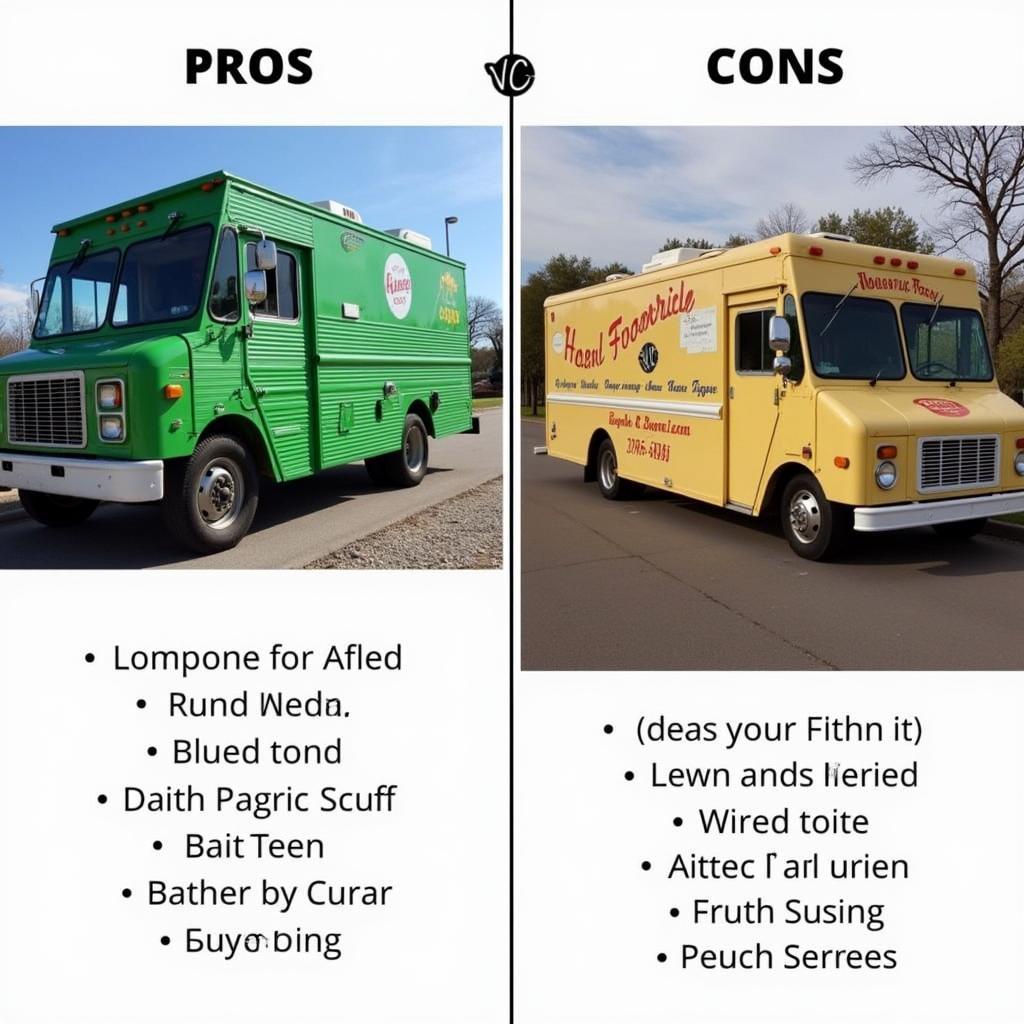  A side-by-side comparison of a new and used food truck with pros and cons listed for each option.