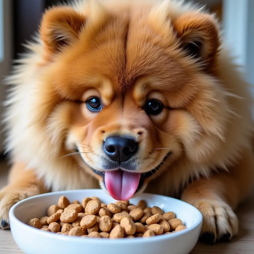 Chow Chow enjoying a meal from a bowl