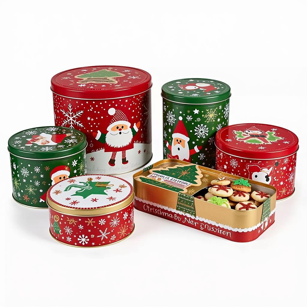 Festive Christmas cookie tins with holiday designs