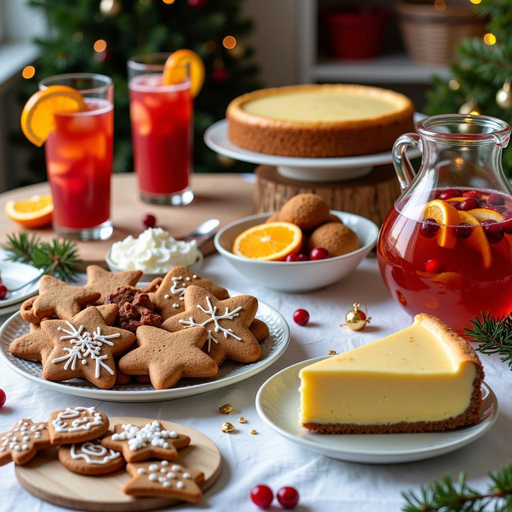 Christmas Dessert Table with Gingerbread Cookies, Eggnog Cheesecake, and Christmas Punch