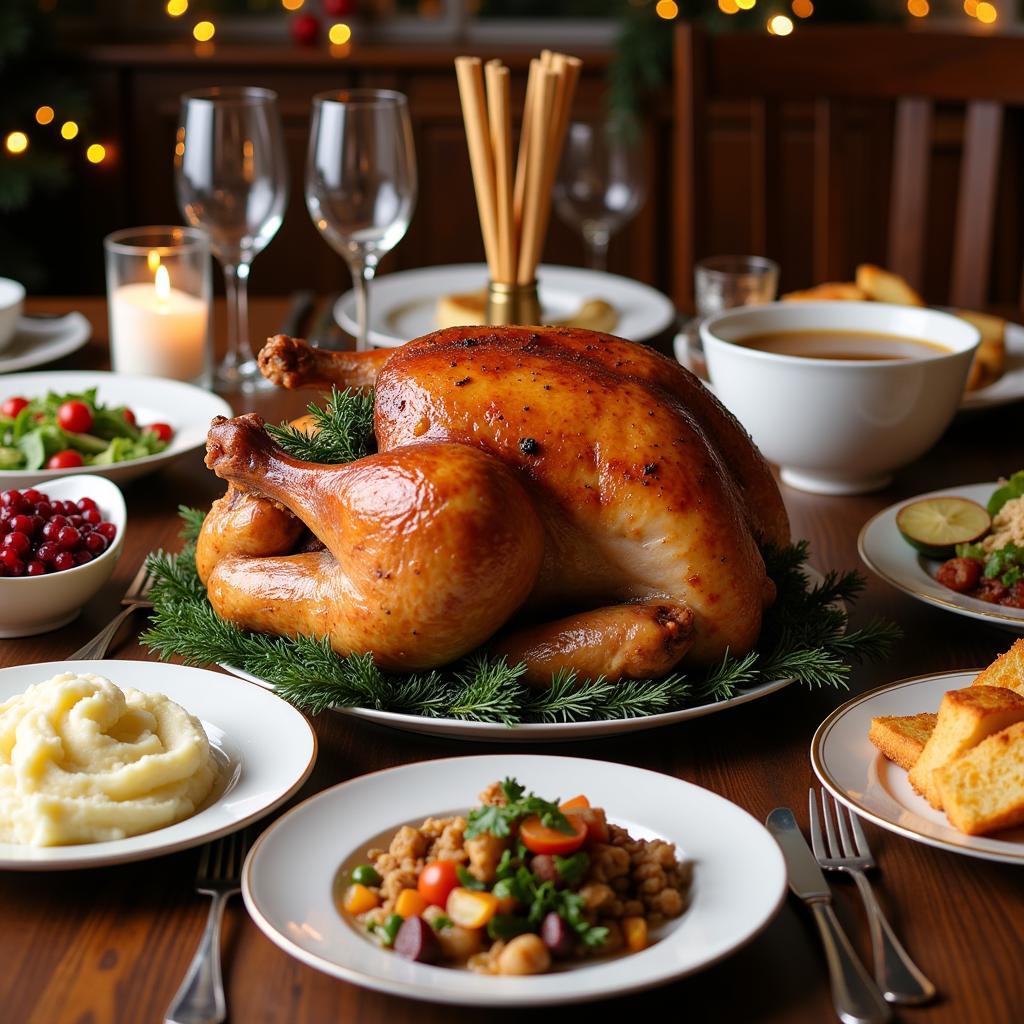 Christmas Dinner Table with Roast Turkey as Centerpiece