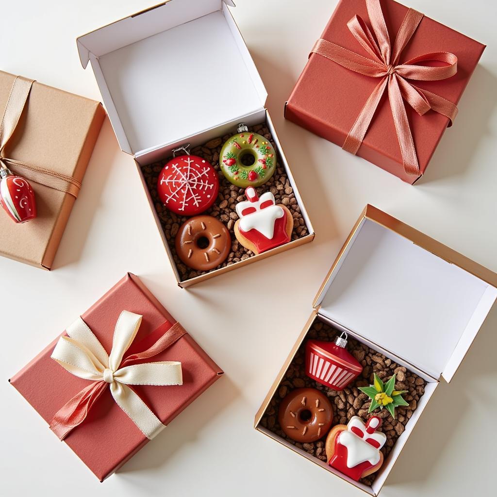 Christmas gift boxes filled with a delightful assortment of food-themed Christmas ornaments.