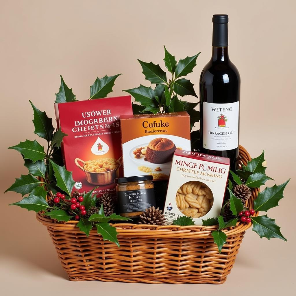 Christmas themed food hamper with festive decorations and treats