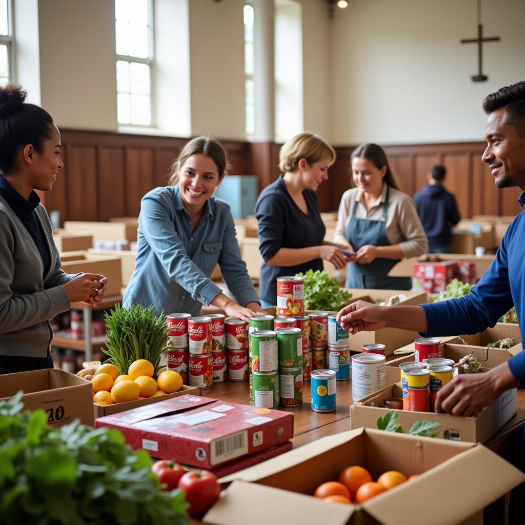 Volunteers Organizing Donations at a Church Food Pantry