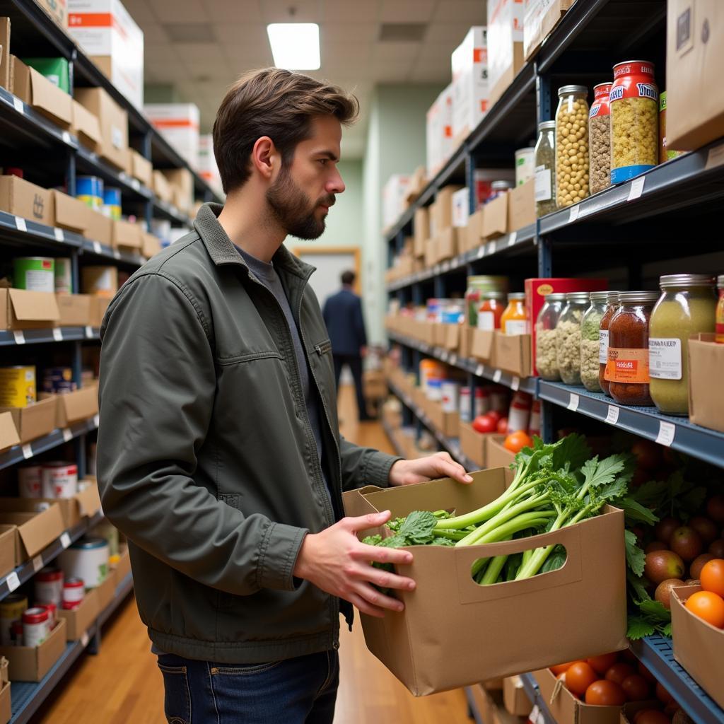 A client choosing food items at a Church of Nazarene food bank.