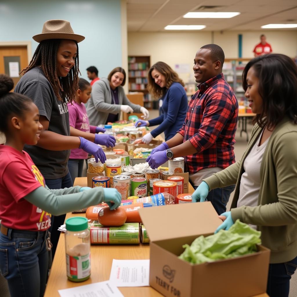 Volunteers at a Church of Nazarene food bank organizing donations