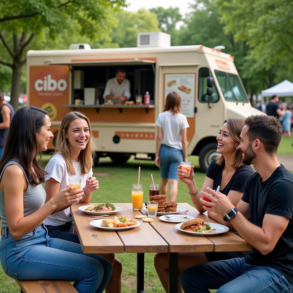 People ordering and enjoying food from a cibo food truck