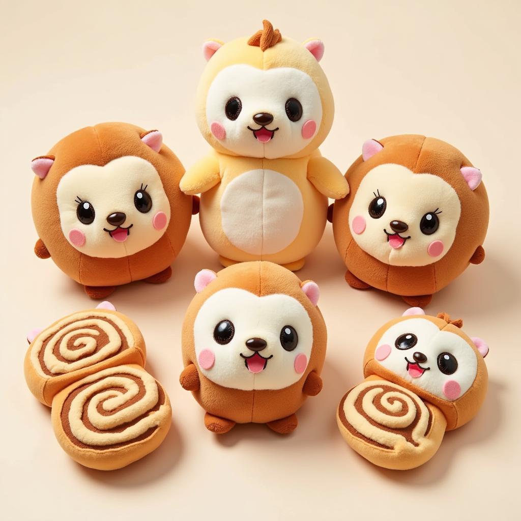 Assortment of cinnamon roll food plushes