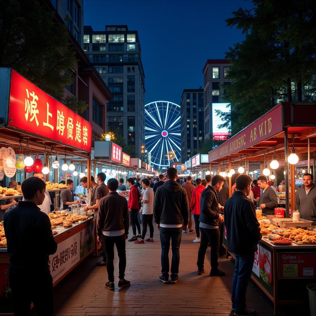 Bustling Clarion street food market at night