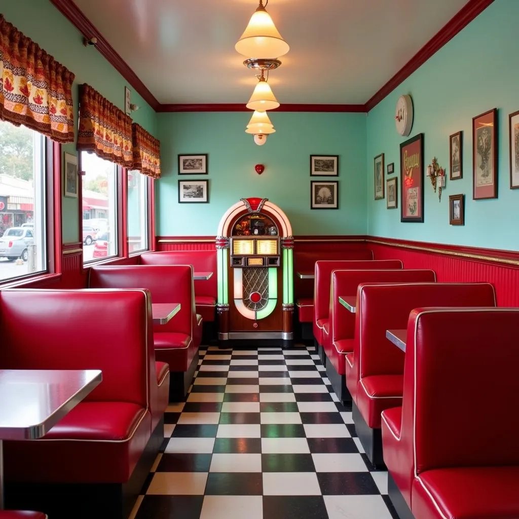 Interior of a classic 1950s diner with red vinyl booths, a checkered floor, and a jukebox in the corner