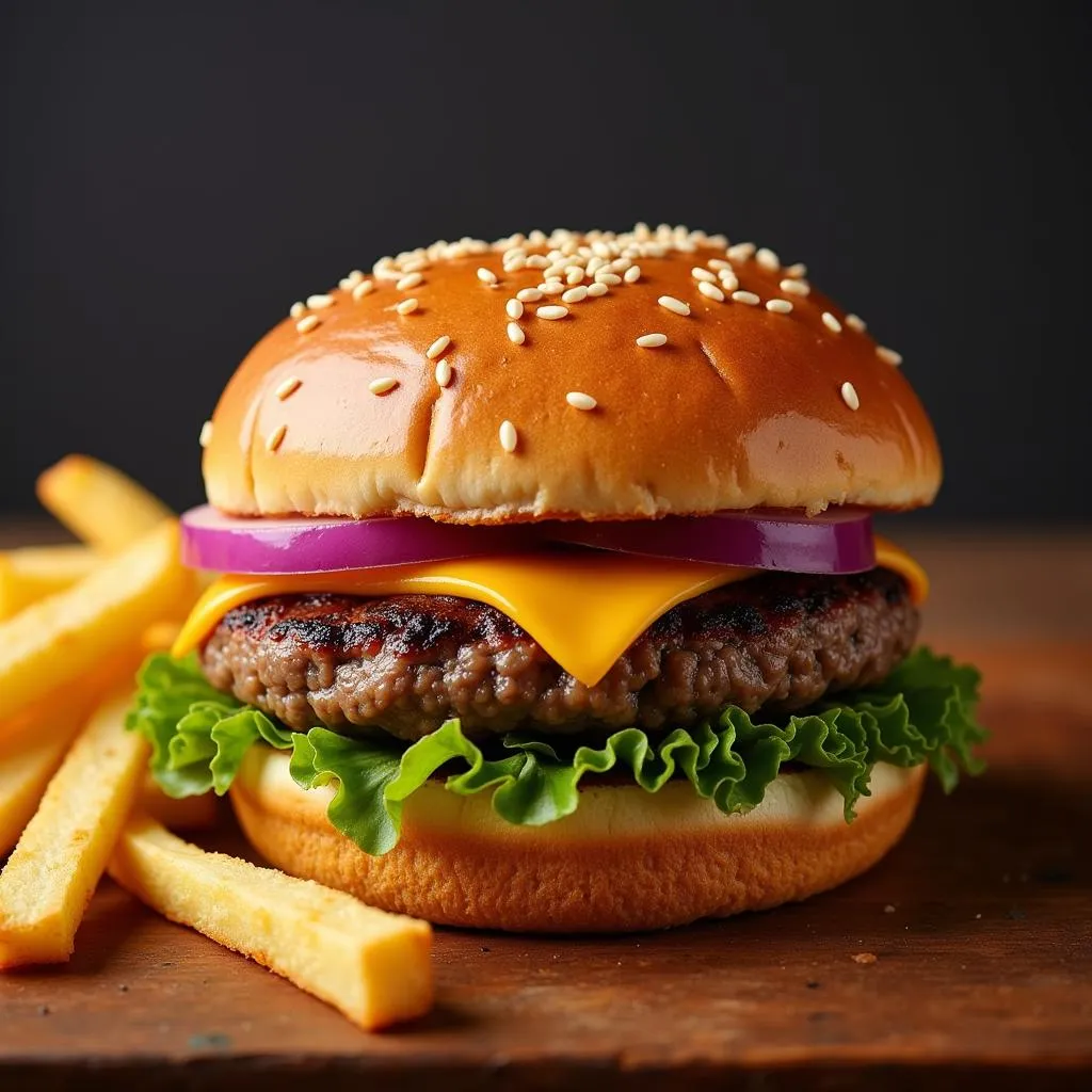 A juicy burger with melted cheese, crisp lettuce, and a side of golden fries