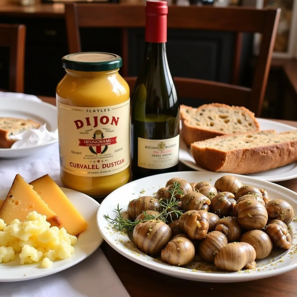 A classic Dijon food spread with mustard, wine, cheese, and bread.