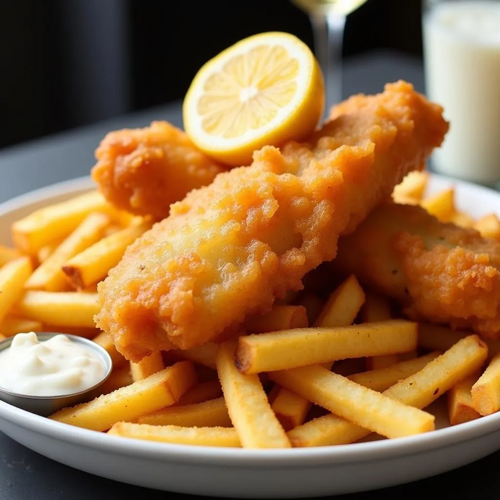 Plate piled high with golden-brown fish and chips, served with tartar sauce and a lemon wedge.