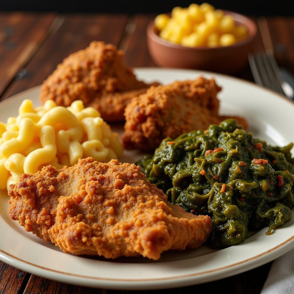 An assortment of classic Motor City soul food dishes like fried chicken, mac and cheese, and collard greens.