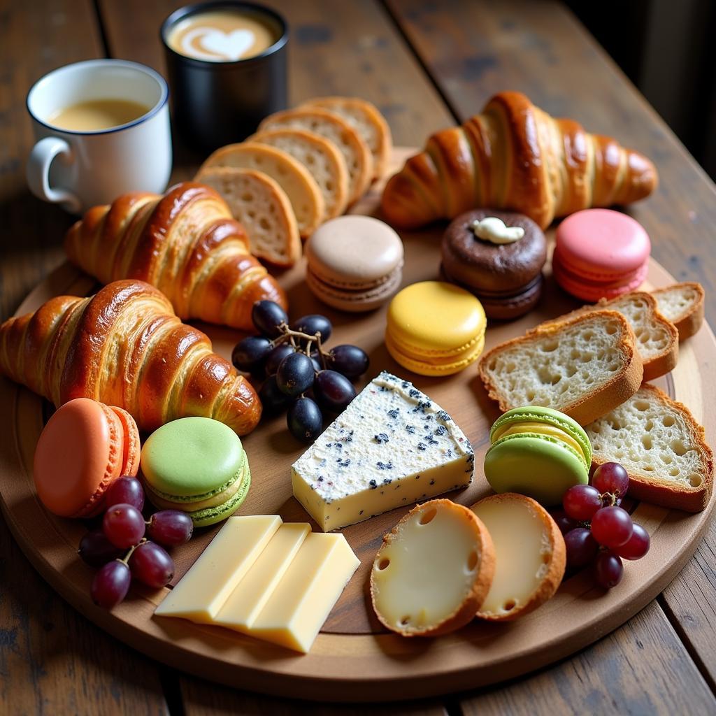 An assortment of classic Parisian dishes, including croissants, macarons, and a cheese board