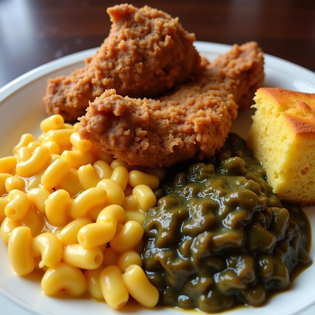 Classic soul food platter with fried chicken, mac and cheese, collard greens, and cornbread