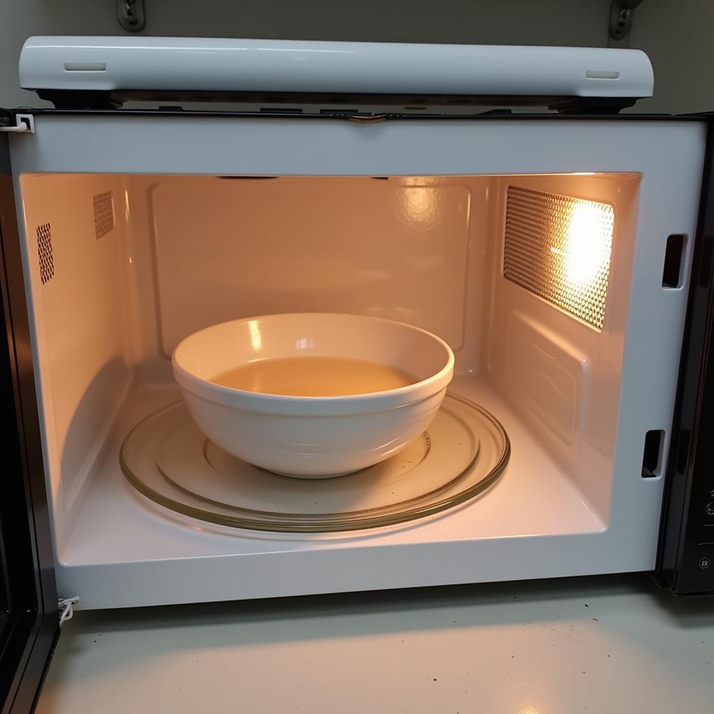  A person cleaning the inside of a microwave using a sponge and a bowl of cleaning solution.