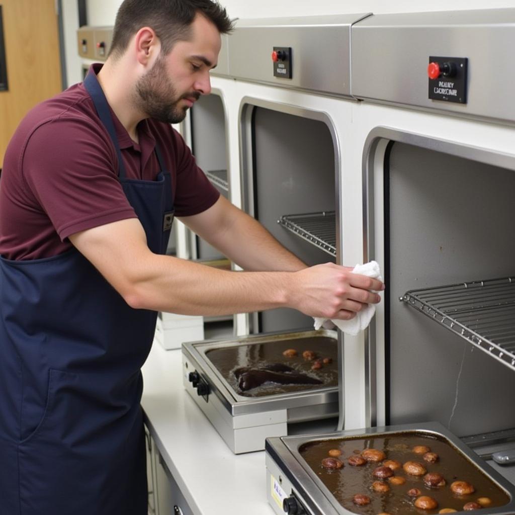 A staff member meticulously cleaning a Vulcan food warmer, emphasizing hygiene and maintenance