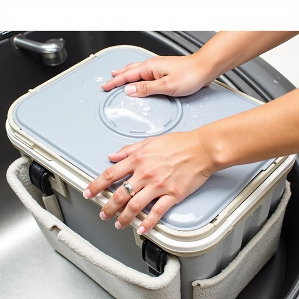 Person cleaning insulated food carrier