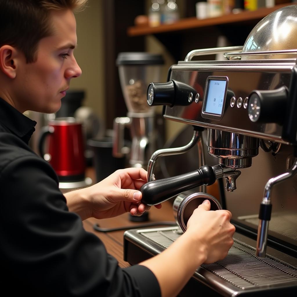 A barista carefully cleaning the components of a food truck coffee machine. 