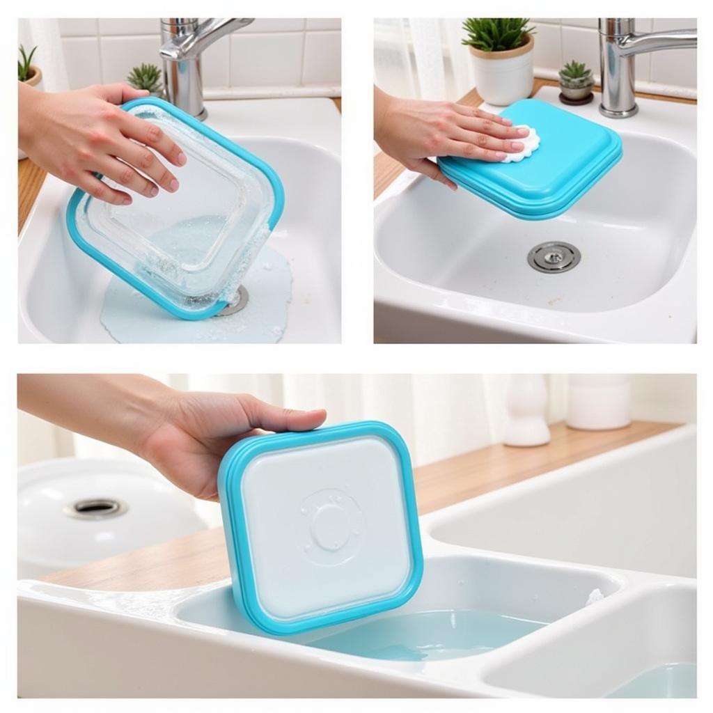 A person washing a glass food container with a silicone sleeve in the sink. 