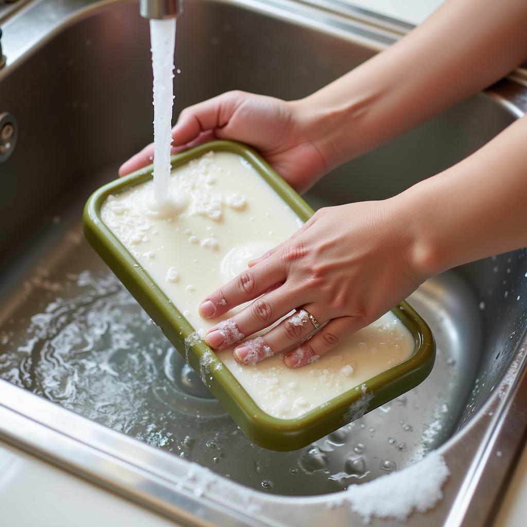 A parent washing the Grosmimi food tray with soapy water in the sink