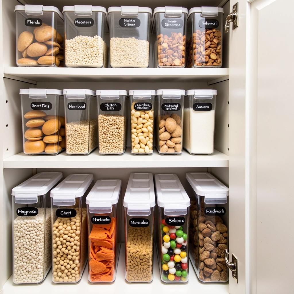 Clear Plastic Containers Labeled for Food in Pantry