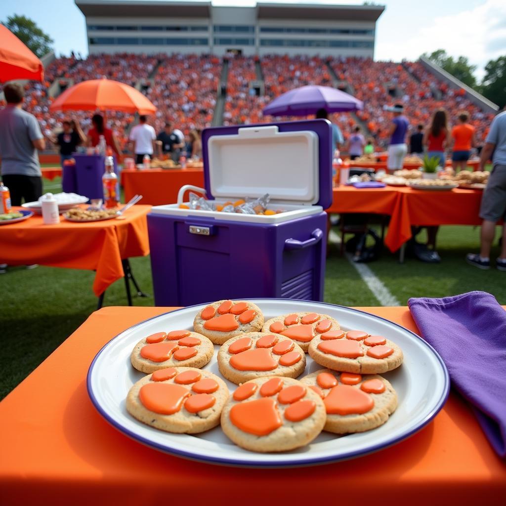 Clemson Tailgate Spread with Tiger Paw Decorations