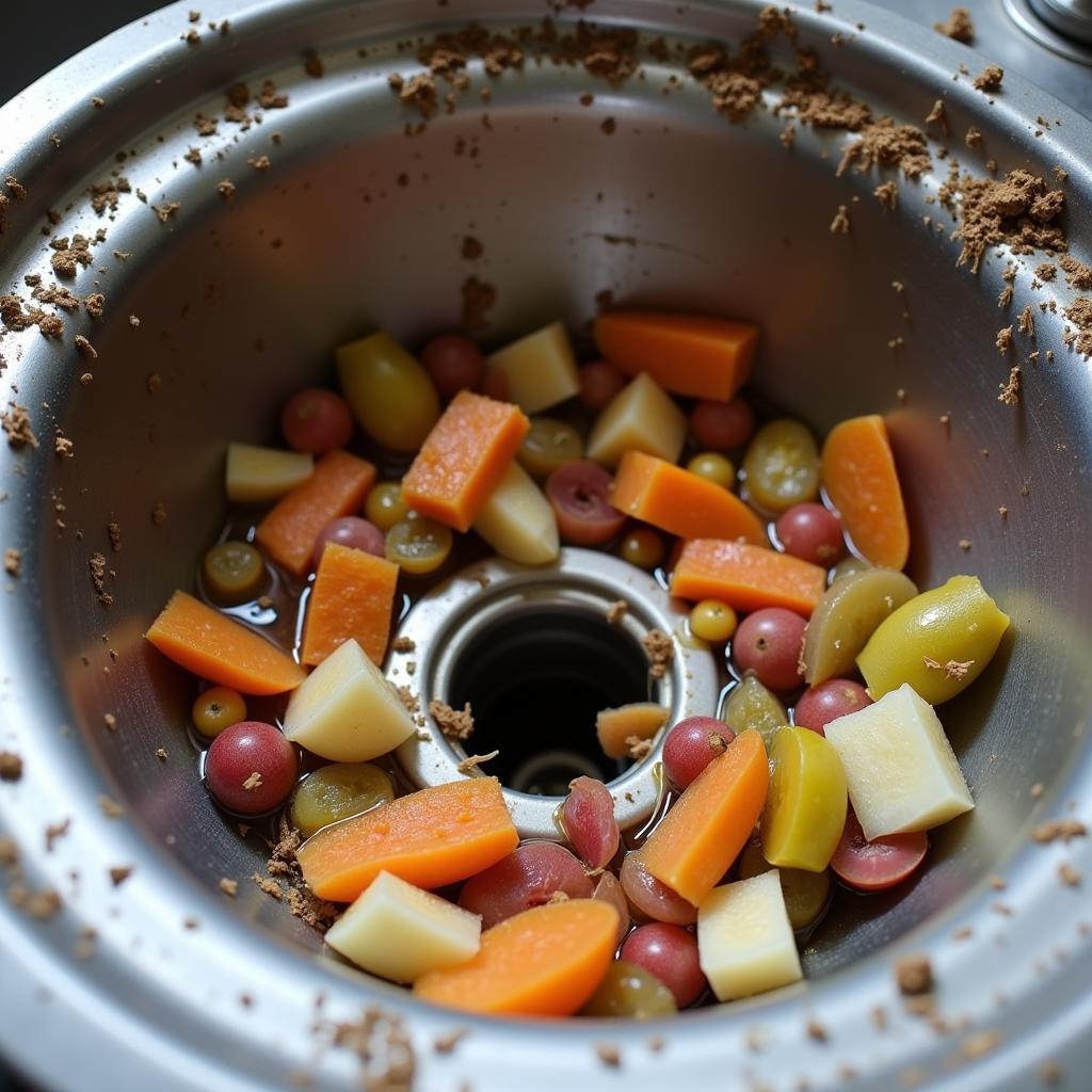 Clogged kitchen sink drain with food waste