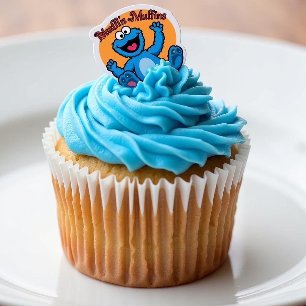  A close-up shot of a cupcake adorned with a Bluey food label.