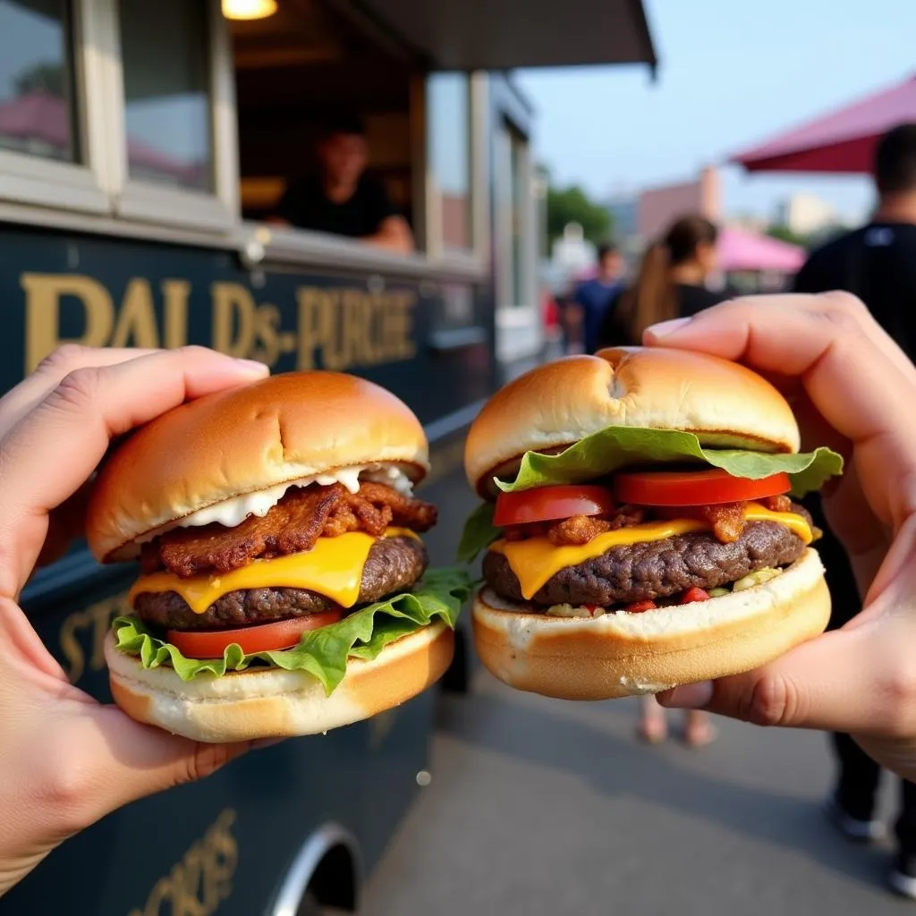 Close-up of hands holding delicious burgers from a &quot;la boot&quot; food truck