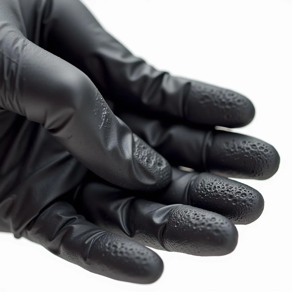 Close-up image showcasing the textured surface of a black nitrile glove