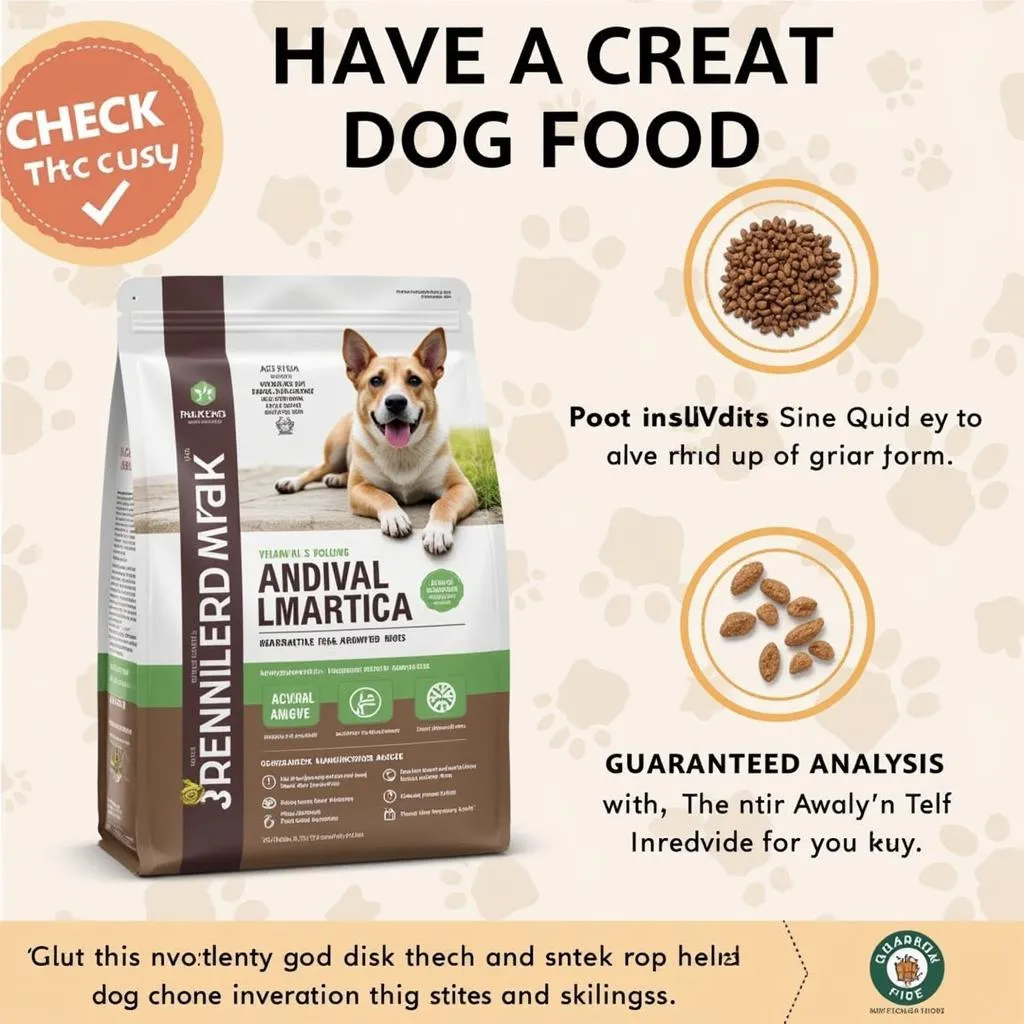 A close-up image of a dog food label highlighting the ingredient list and nutritional information.